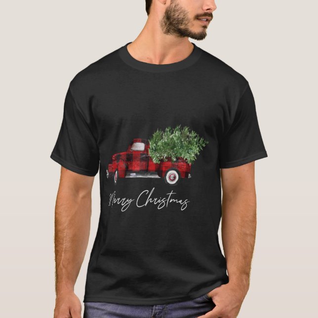 Merry Christmas Buffalo Plaid Red Truck Tree T-Shirt (Front)