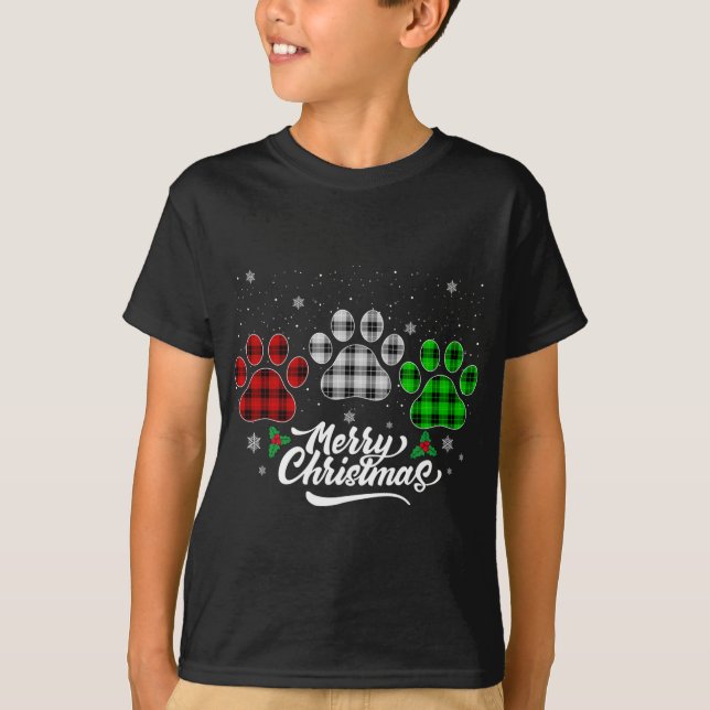 Merry Christmas Buffalo Plaid Red White Green Dog  T-Shirt (Front)