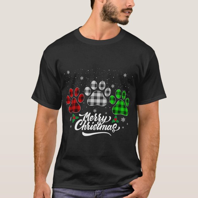 Merry Christmas Buffalo Plaid Red White Green Dog  T-Shirt (Front)