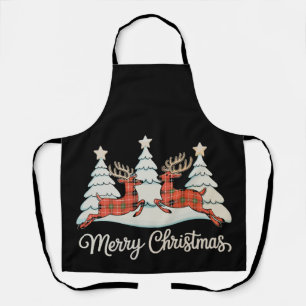 Merry Christmas Buffalo Plaid Reindeer Xmas Tree Apron