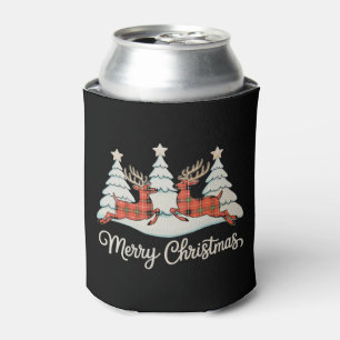 Merry Christmas Buffalo Plaid Reindeer Xmas Tree Can Cooler