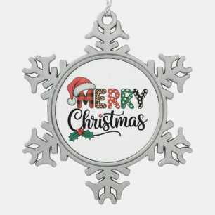 Merry Christmas Buffalo Plaid Santa Hat Love Xmas Snowflake Pewter Christmas Ornament