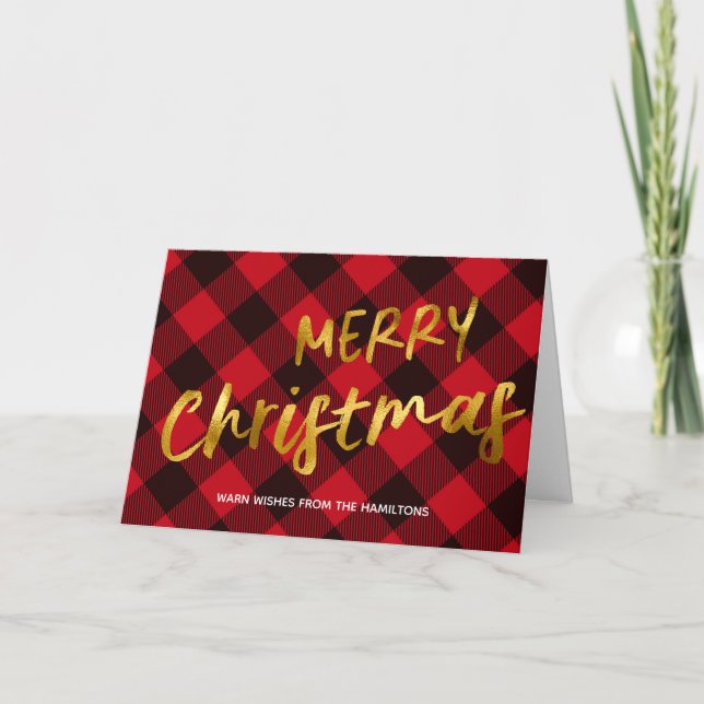 Merry Christmas Buffalo Red Check Plaid & Gold Holiday Card (Front)