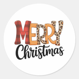 Merry Christmas Buffalo Red Plaid Cheetah Leopard Classic Round Sticker