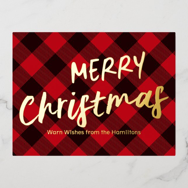 Merry Christmas Buffalo Red Plaid Foil Holiday Postcard (Front)