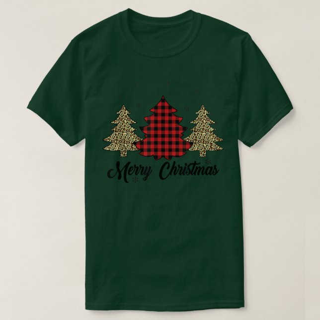Merry Christmas Buffalo Red Plaid Leopard Christma T-Shirt (Design Front)