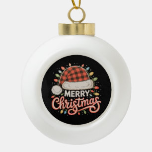 Merry Christmas Buffalo Red Plaid Santa Hat Xmas Ceramic Ball Christmas Ornament