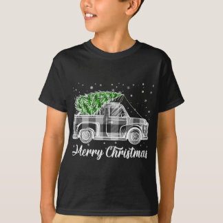 Merry Christmas Buffalo Truck Tree Black and White T-Shirt
