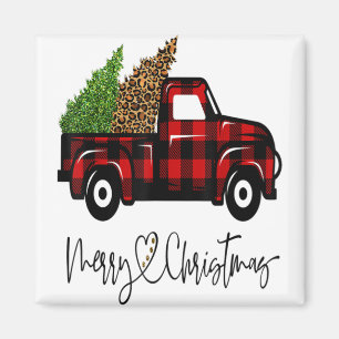 Merry Christmas Buffalo Truck Tree Red Plaid Leopa Magnet