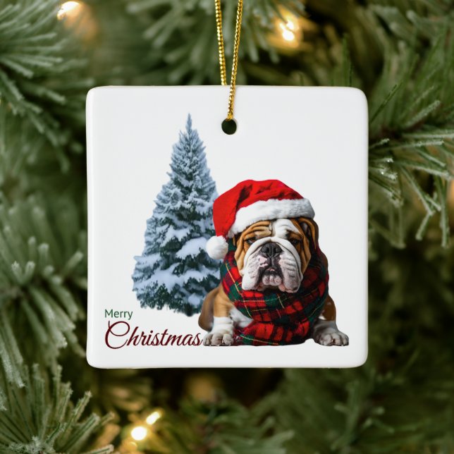 Merry Christmas Bulldog Ceramic Ornament (Tree)