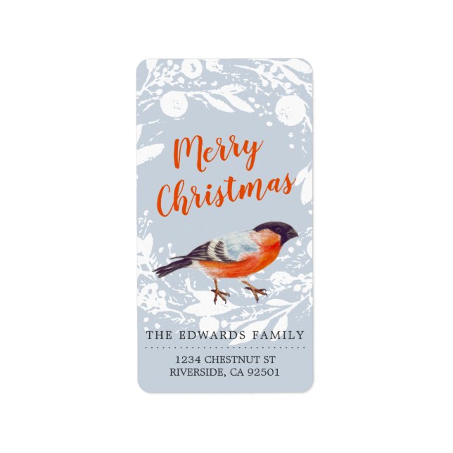 Merry Christmas Bullfinch Bird Snowy Wreath Winter Label (Front)