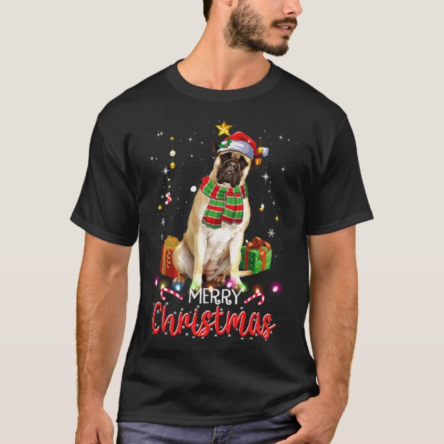 Merry Christmas Bullmastiff Santa Hat Tree Lights  T-Shirt (Front)
