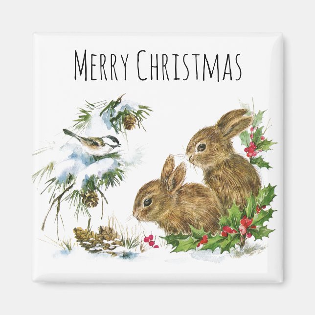 Merry Christmas Bunnies and Bird Enjoy Snow Magnet (Front)