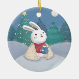 Merry Christmas: Bunny Illustration Ceramic Ornament