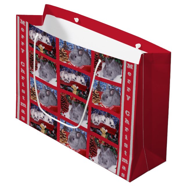 Merry Christmas Bunny Rabbit Picture Collage Large Gift Bag (Front Angled)