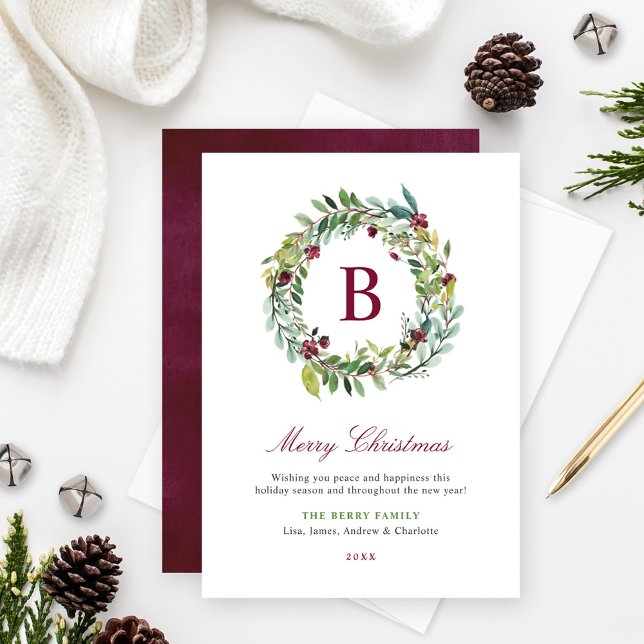 Merry Christmas Burgundy Berry Wreath Monogram Holiday Card (Creator Uploaded)