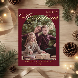 Merry Christmas Burgundy Gold Foil Arch Photo Holiday Card