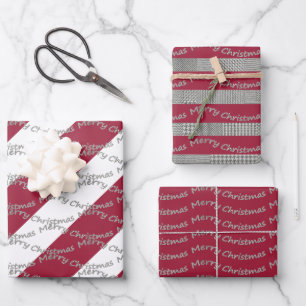 Merry Christmas Burgundy Houndstooth Pattern Wrapping Paper Sheet