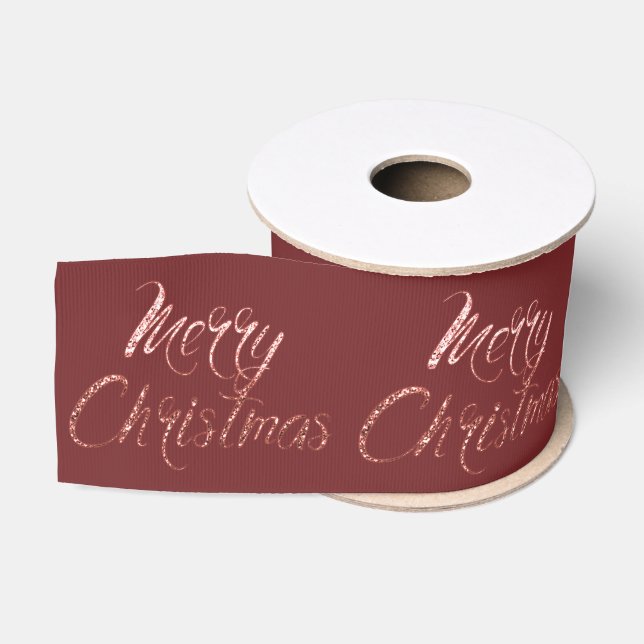 Merry Christmas Burgundy Pastel Pink Roe Gold Grosgrain Ribbon (Spool)