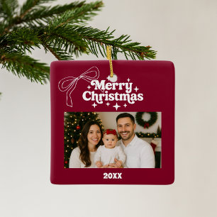 Merry Christmas burgundy photo bow Doodle Ceramic Ornament
