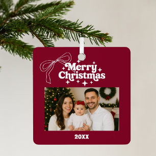 Merry Christmas burgundy photo bow hand-drawn Metal Ornament