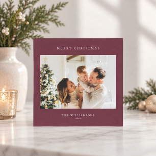 Merry Christmas Burgundy Plum Two Photo Modern Holiday Card
