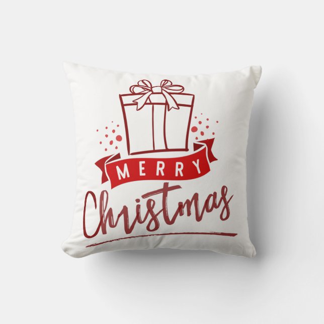 Merry Christmas Burgundy Present Gift Typography Throw Pillow (Front)