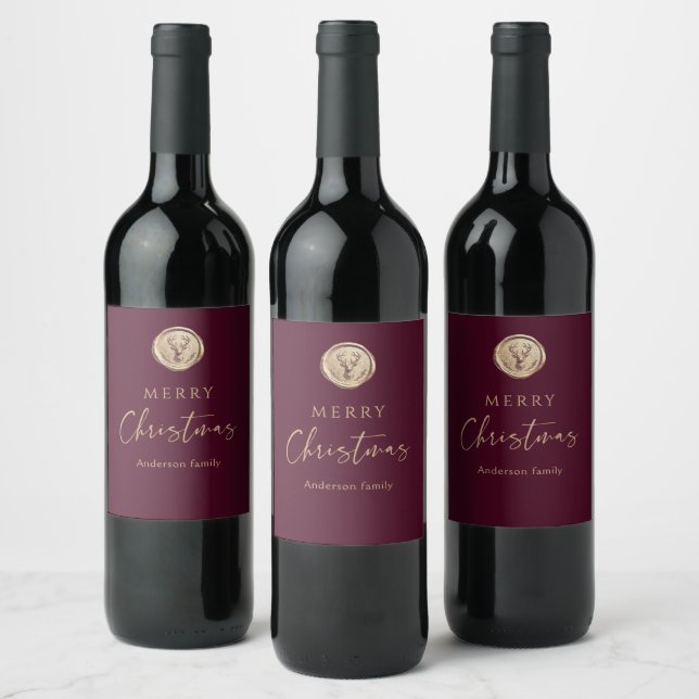Merry Christmas Burgundy Red Festive Wine Label (Bottles)