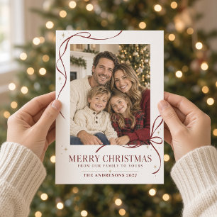 Merry Christmas Burgundy Ribbon Bow Family Photo Holiday Card