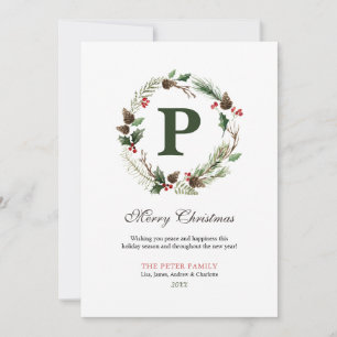 Merry Christmas Burgundy Wreath Monogram Hol Holiday Card