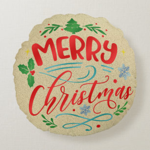 Merry Christmas Burlap Design Round Pillow