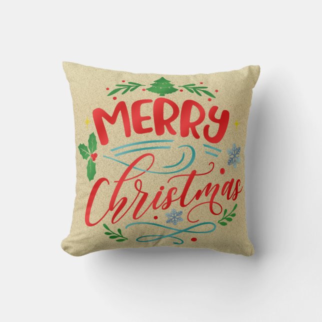 Merry Christmas Burlap Design Throw Pillow (Front)