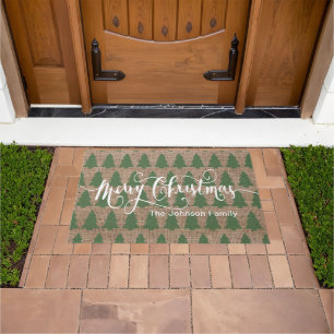 Merry Christmas Burlap Tree Pattern Doormat