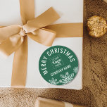 Merry Christmas Business Logo Company Name Green Classic Round Sticker<br><div class="desc">Green and white Merry Christmas stickers personalized with company name and logo for professional branding .</div>