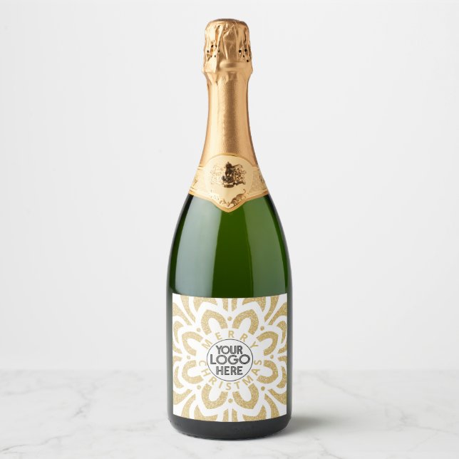 Merry Christmas Business Logo Snowflake Gold  Sparkling Wine Label (Front)