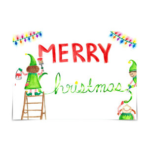 "Merry Christmas" Busy Elves Art Watercolour Card