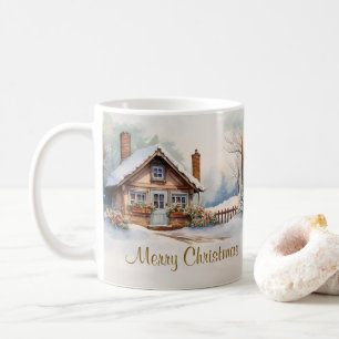 Merry Christmas Cabin in snowy landscape Coffee Mug