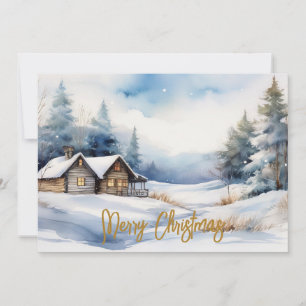 Merry Christmas Cabin in snowy landscape Holiday Card