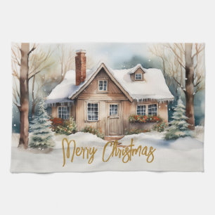 Merry Christmas Cabin in snowy landscape Kitchen Towel