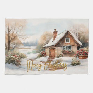 Merry Christmas Cabin in snowy landscape Kitchen Towel