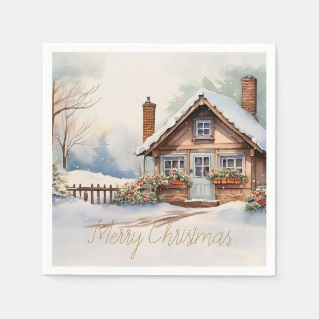 Merry Christmas Cabin in snowy landscape Napkin (Front)