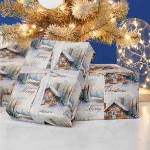 Merry Christmas Cabin in snowy landscape Wrapping Paper