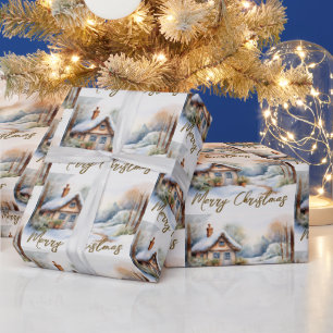 Merry Christmas Cabin in snowy landscape Wrapping Paper
