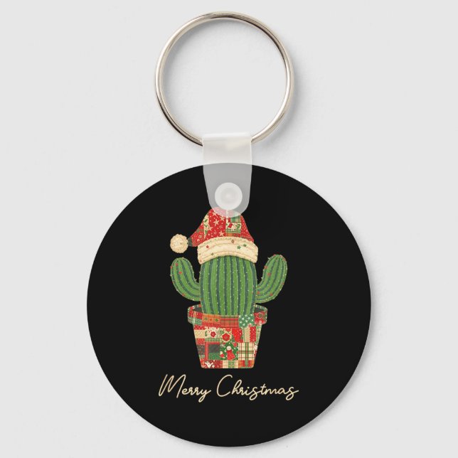 Merry Christmas Cactus Patchwork Quilt  Keychain (Front)