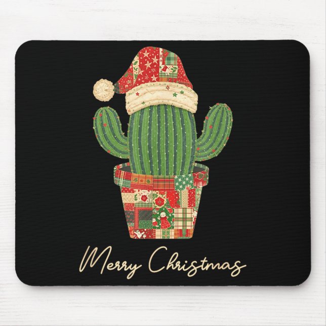Merry Christmas Cactus Patchwork Quilt  Mouse Pad (Front)
