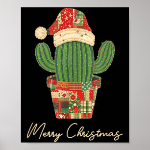 Merry Christmas Cactus Patchwork Quilt Poster