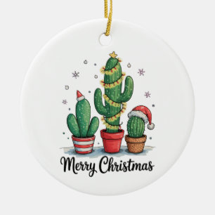 Merry Christmas Cactus Tree Festive Xmas Lights Ceramic Ornament