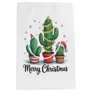 Merry Christmas Cactus Tree Festive Xmas Lights Medium Gift Bag