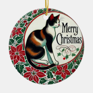 Merry Christmas Calico Cat                         Ceramic Ornament