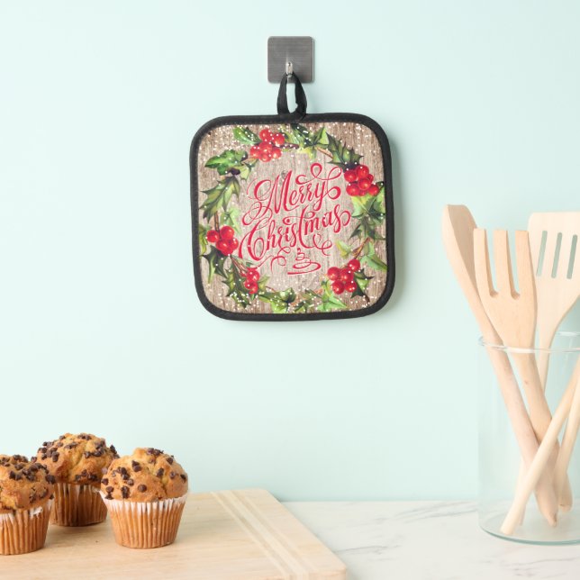 Merry Christmas Callgraphy Holly Wreath Red Green  Pot Holder (Insitu(Hanging))